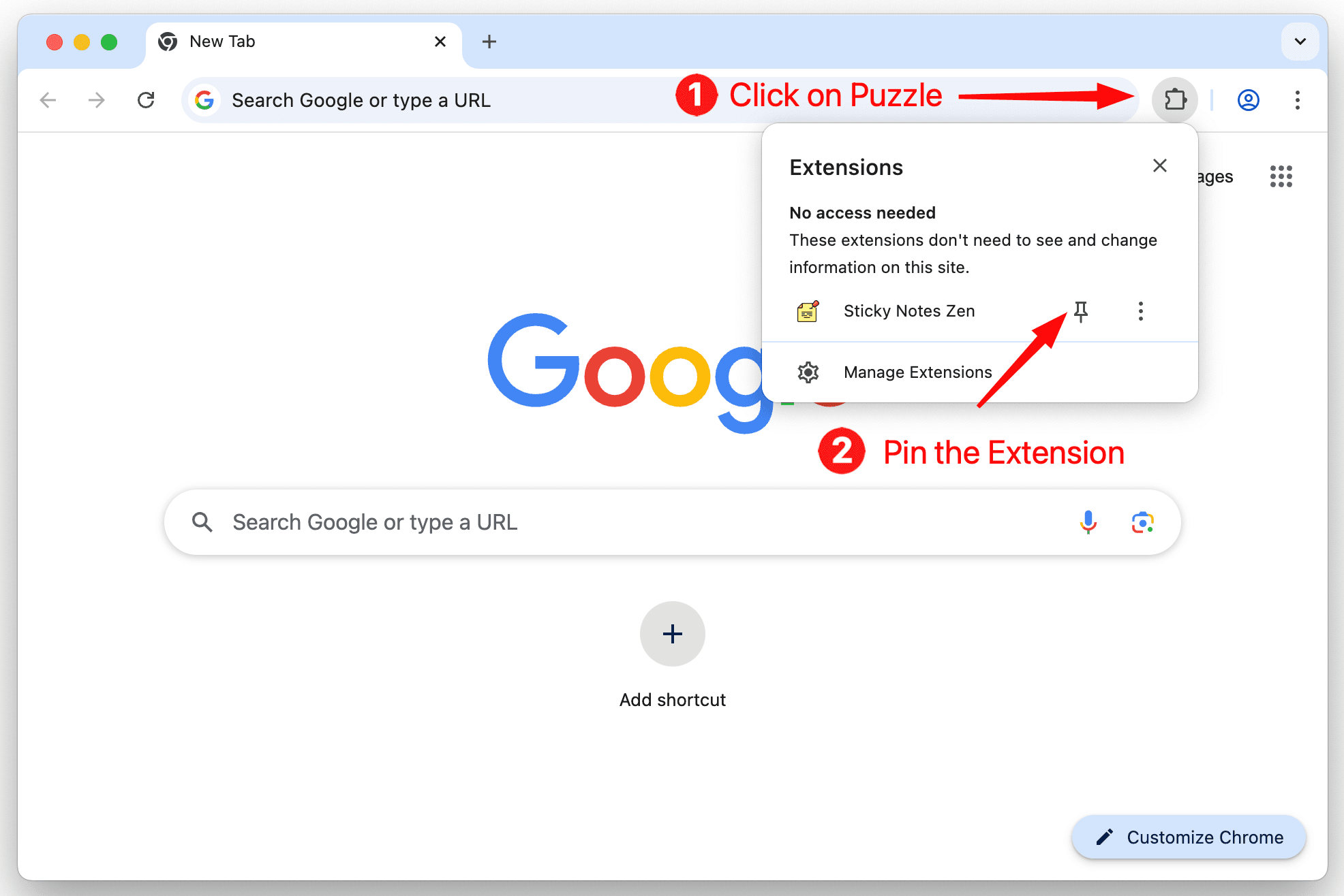 Click on the puzzle icon, then pin the Sticky Notes Zen extension