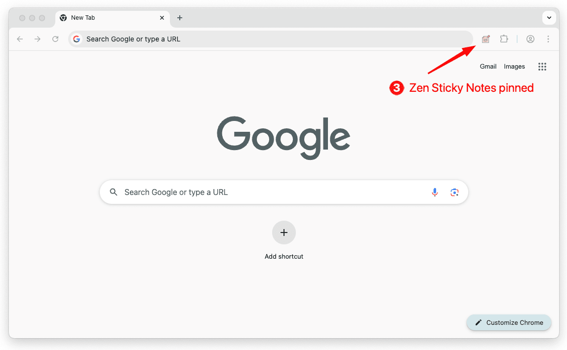 Sticky Notes Zen pinned in the toolbar – click to open on any page